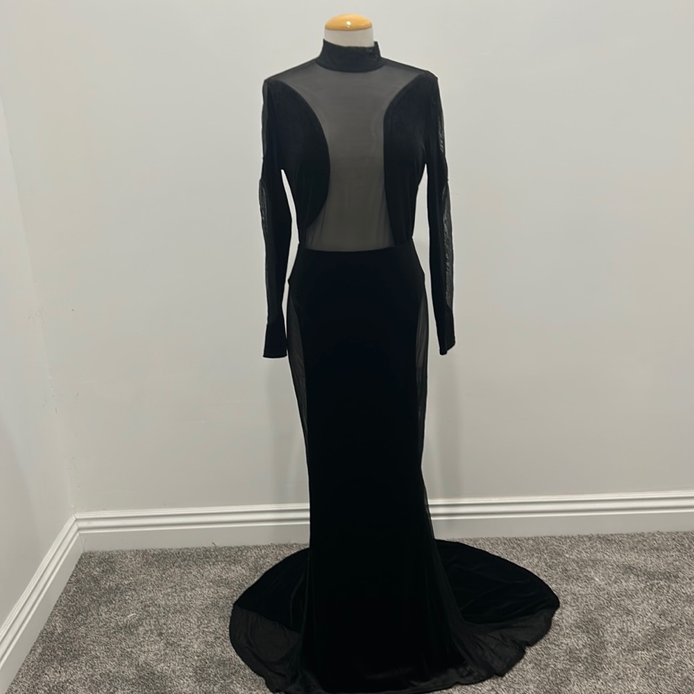BLACK VELVET, MAXI DRESS, SIZE LARGE, LONG SLEEVE, BLACK MESH CUTOUTS
